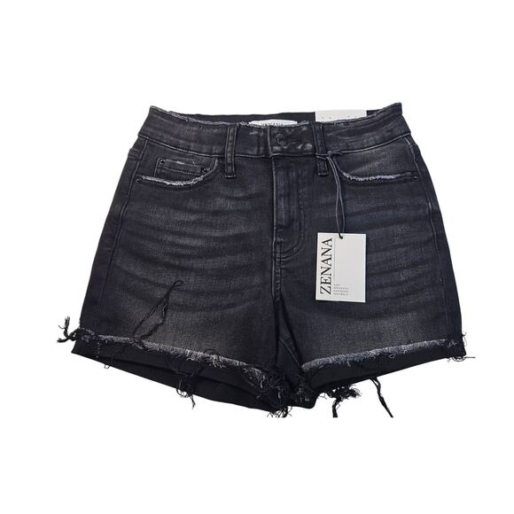 NWT Zenana sz S black grunge stretch pull on shorts raw hem comfort casual NEW - Picture 4 of 7